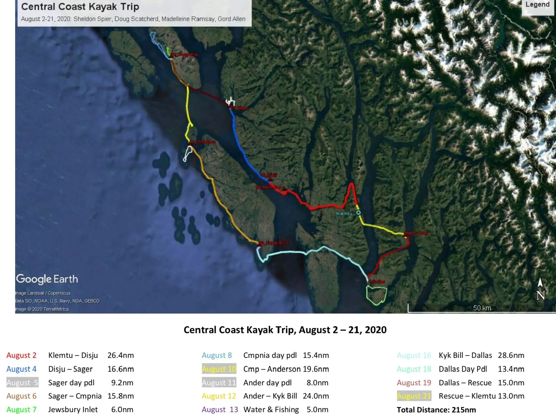 map noted with campsites on the central coast of BC