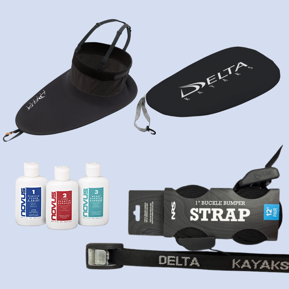 Collage of kayaking accessories: two large black sun visors with chin straps, a coiled leash, a black strap with buckle, and three cleaning solution bottles labeled Novus for gear maintenance.