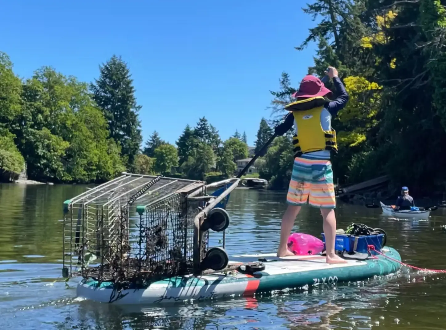 Person wearing a yellow life jacket and pink hat stands on a paddleboard, pulling a metal lobster/crab trap out of the water with a pole; calm river with trees in background.
