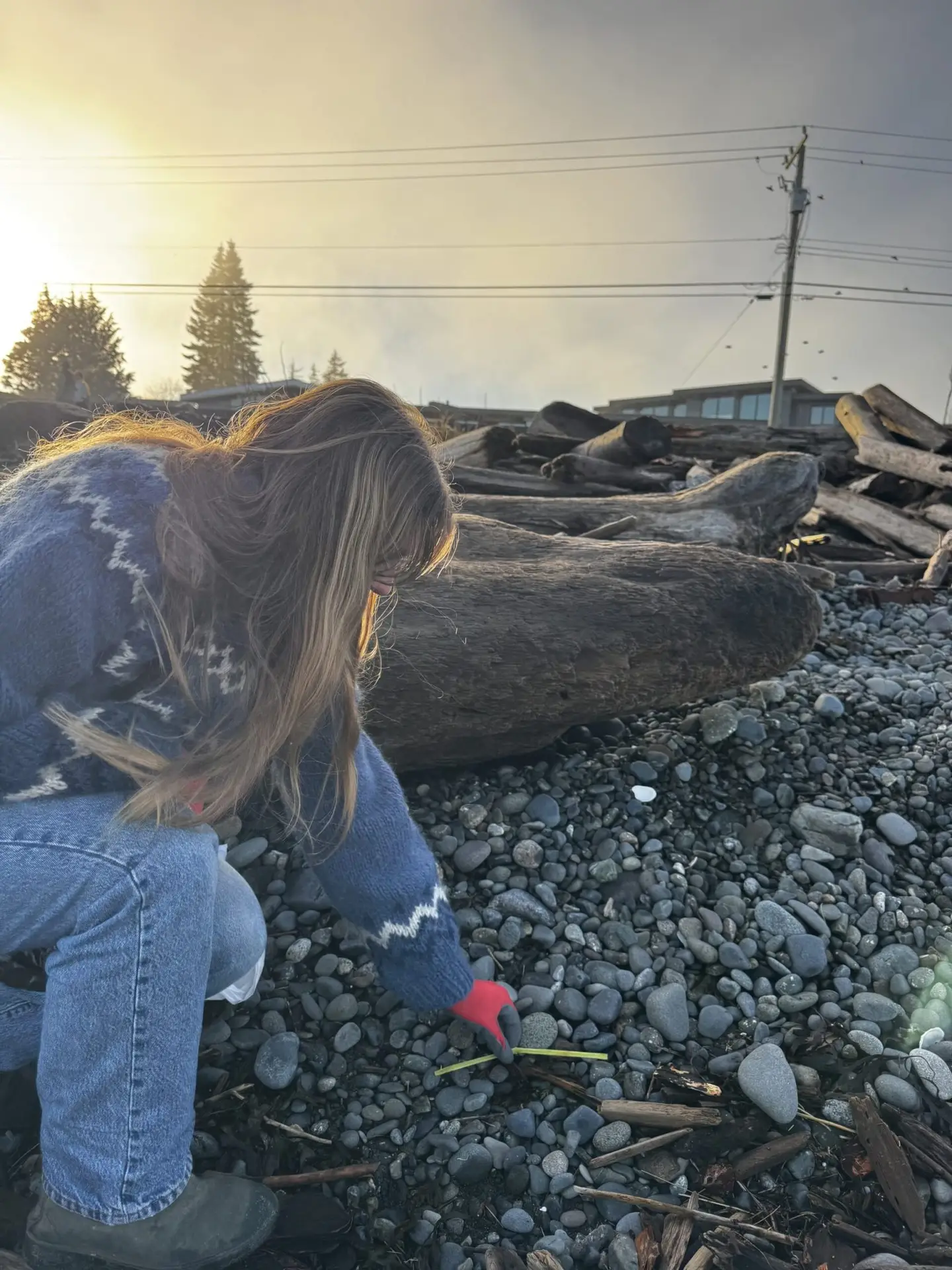Person crouching on a pebbled beach in a blue sweater with red gloves, examining driftwood and stones.