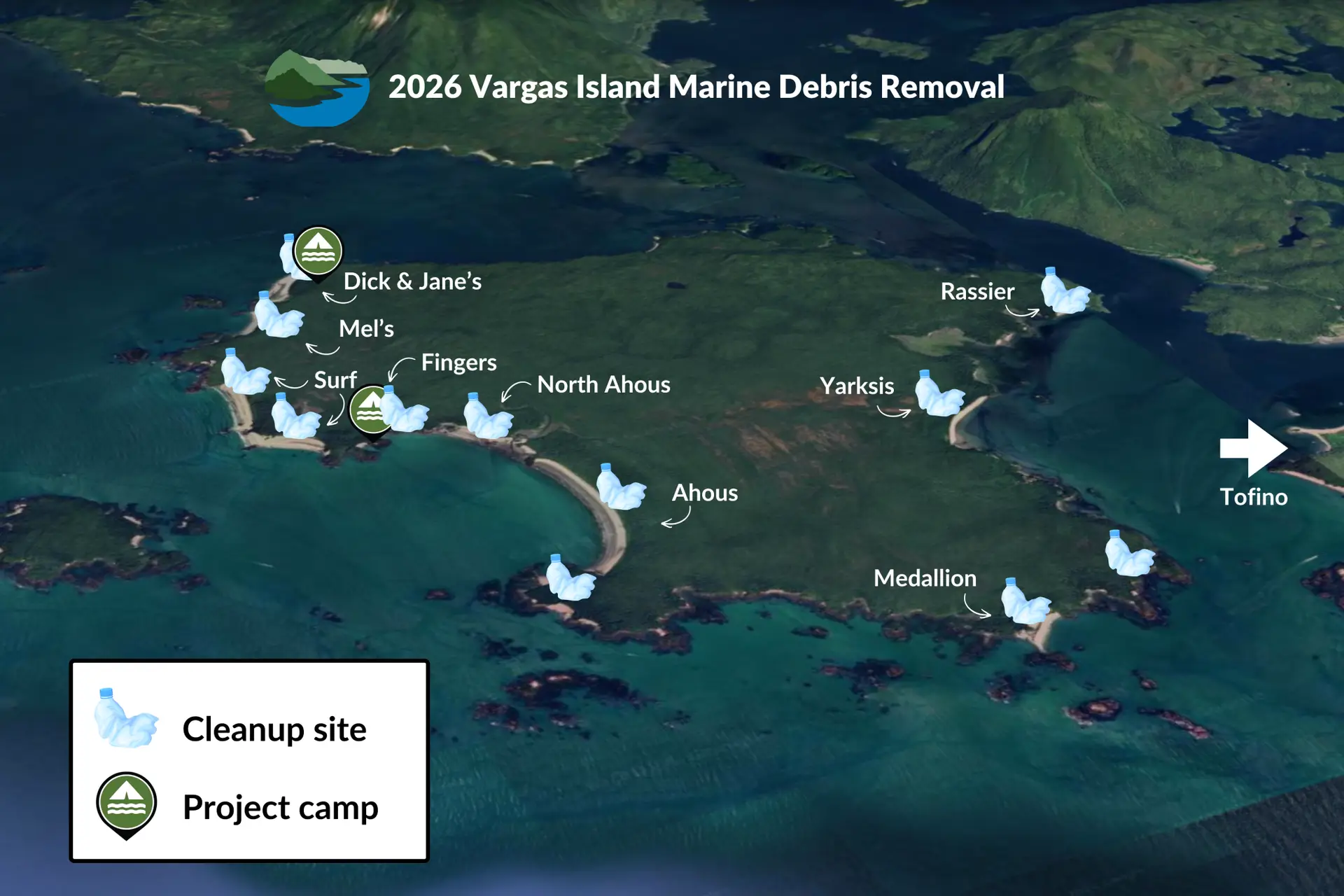 Satellite-style map of Vargas Island outlining the 2026 Marine Debris Removal plan with labeled cleanup sites (Dick & Jane’s, Surf, Mel’s, Fingers, North Ahous, Yarksis, Rassier, Ahous, Toﬁno, Medallion) and icons of plastic bags and water bottles along the coastline.
