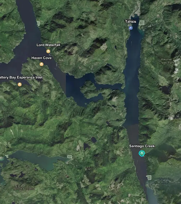 Satellite map showing a winding waterway through dense green forest, with labeled points like Tahsis, Santiago Creek, Haven Cove, Lord Waterfall and nearby parks (Tsawwin River, Nootka Island).