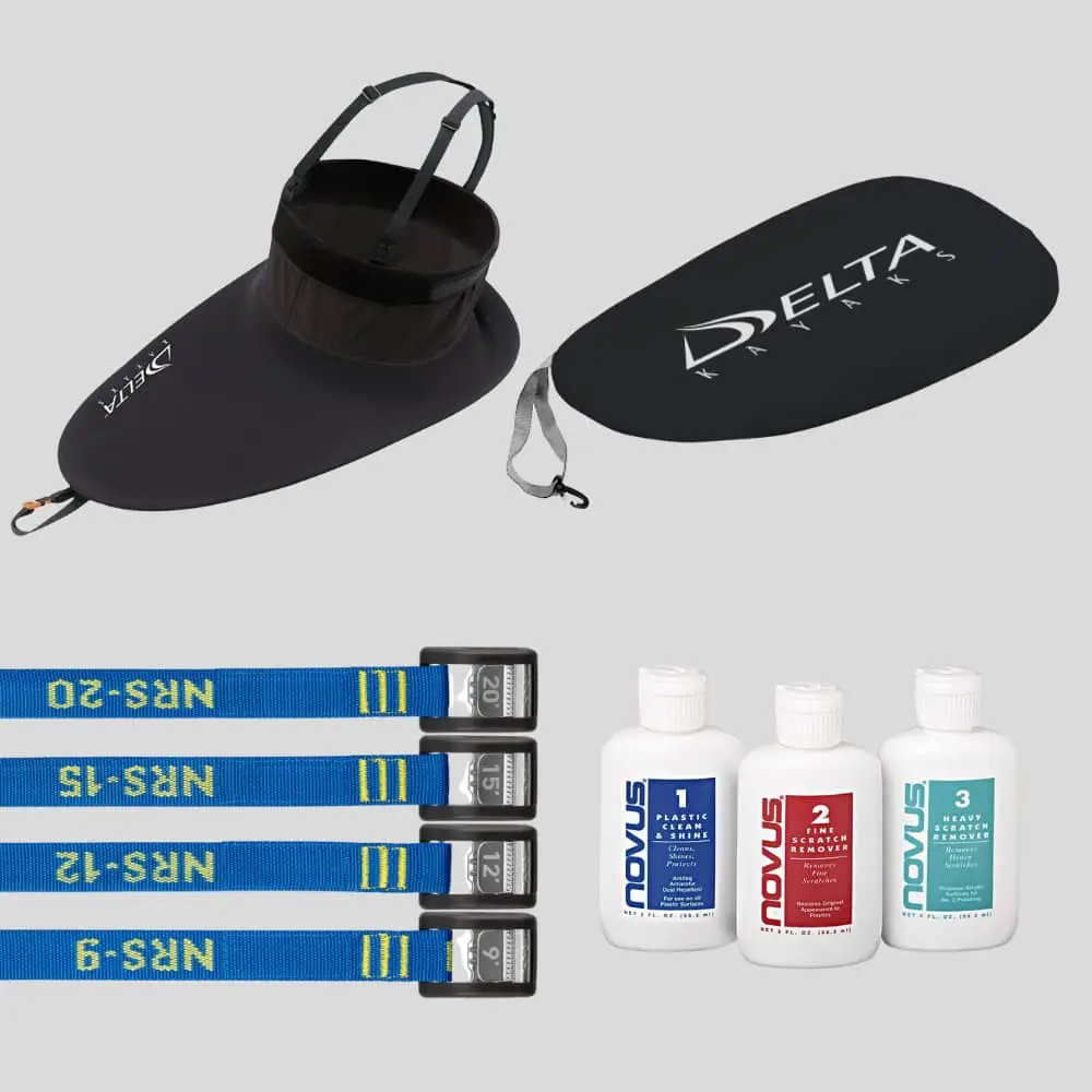 Water sports gear kit: a black Delta bag with straps, four blue NRS tie-down straps, and three white cleaning bottles labeled 1–3.