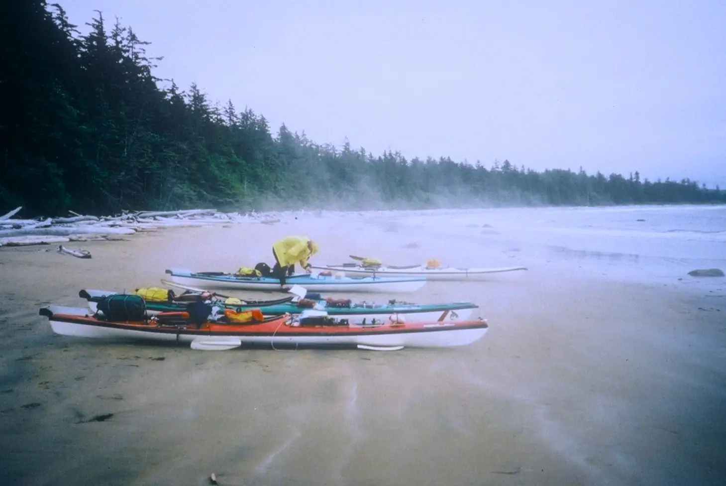 A row of colorful sea kayaks with gear on a sandy beach, near a misty forest shoreline. A person in a yellow rain jacket tends to equipment nearby.
