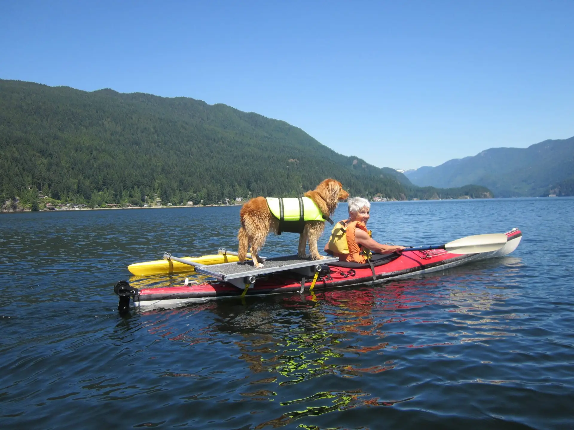 Golden retriever in a neon life jacket standing on a yellow paddleboard beside a person in an orange life jacket on a red kayak, all on a calm lake with forested hills in the background.