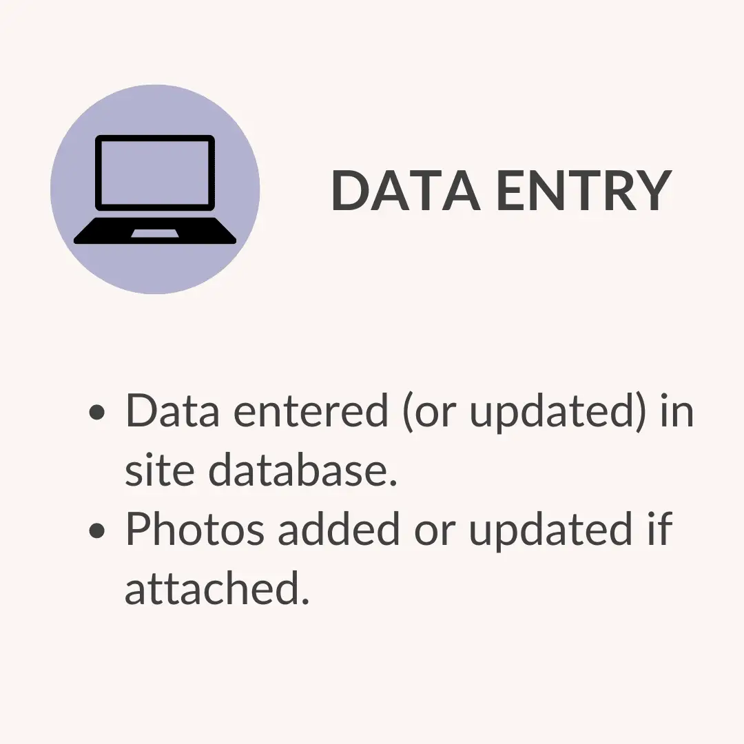 Data entry slide with a laptop icon and bullets about entering data into the site database and updating photos if attached?