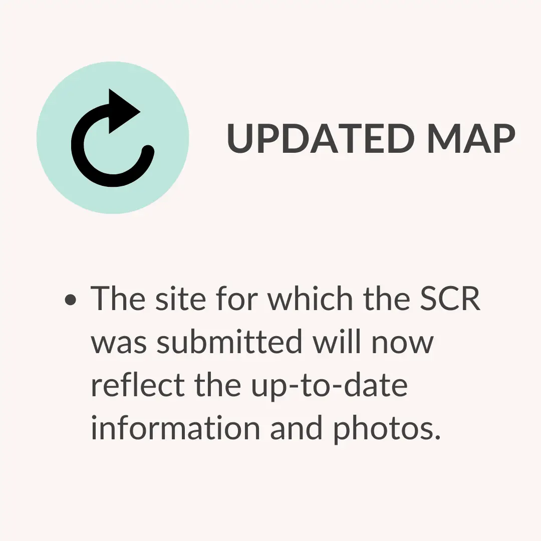 Updated map notice with a refresh icon and the message that the site now reflects up-to-date information and photos.