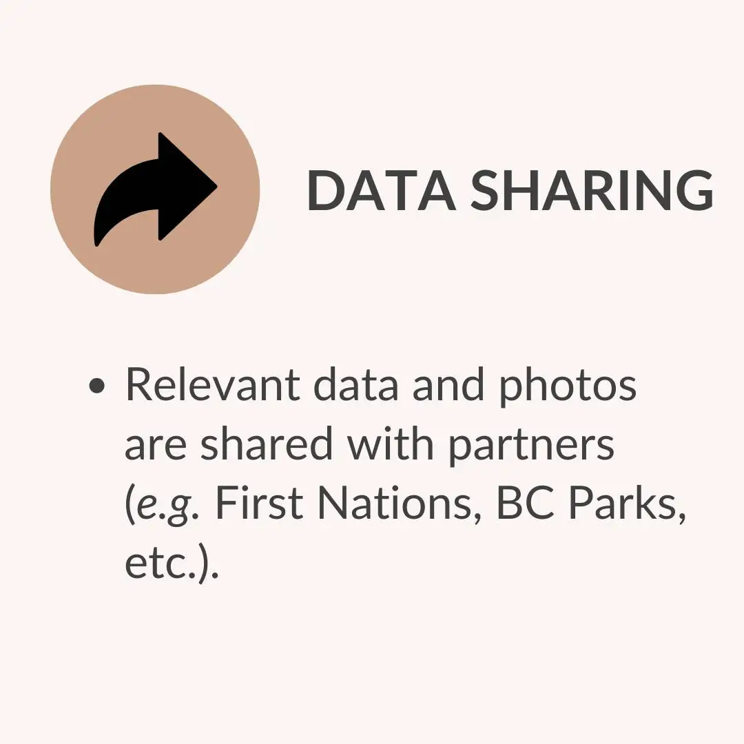 Data sharing slide with a brown circle and black arrow icon, heading 'DATA SHARING', and bullet: 'Relevant data and photos are shared with partners (e.g., First Nations, BC Parks, etc.).'