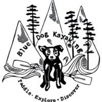 Blue Dog Kayaking Logo - dog in front of paddle, mountains and trees