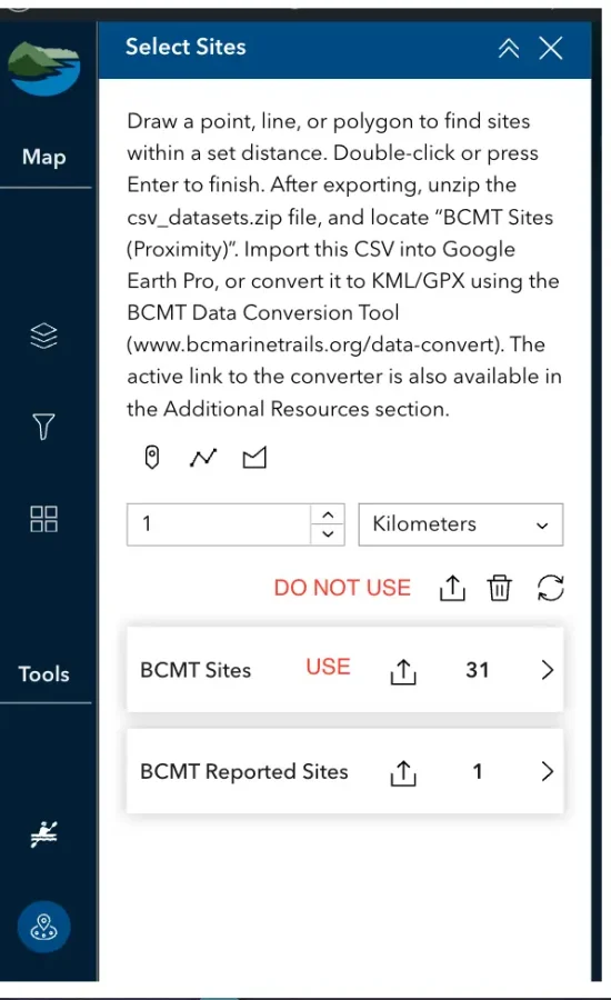 Panel titled Select Sites with instructions to draw a point or polygon, set distance, export CSV, and import data; includes unit selectors and two site entries (BCMT Sites USE, BCMT Reported Sites).